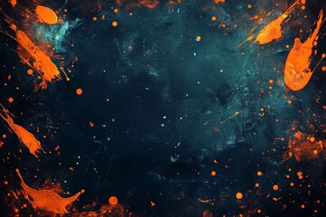 Vivid orange paint splatters on dark blue background create an abstract artwork with dynamic movement and depth