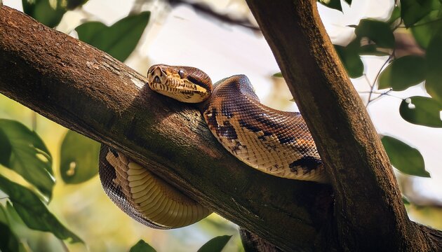 A large python coiled tightly around a thick tree branch, its intricate scales shining in the natural jungle light.