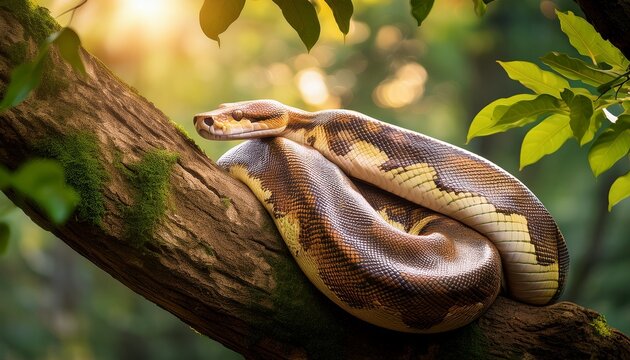 A large python coiled tightly around a thick tree branch, its intricate scales shining in the natural jungle light.
