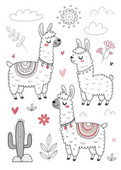 Three cute llamas are surrounded by flowers, hearts, and a cactus.