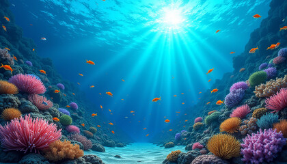 under water scene of a coral reef with light rays, ai generated