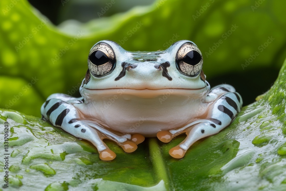 Poster brightly colored frog resting on a green leaf in a tropical rainforest setting during daylight hours