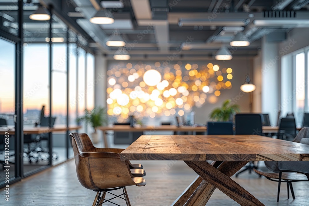Poster modern office open space with wooden table and bokeh background