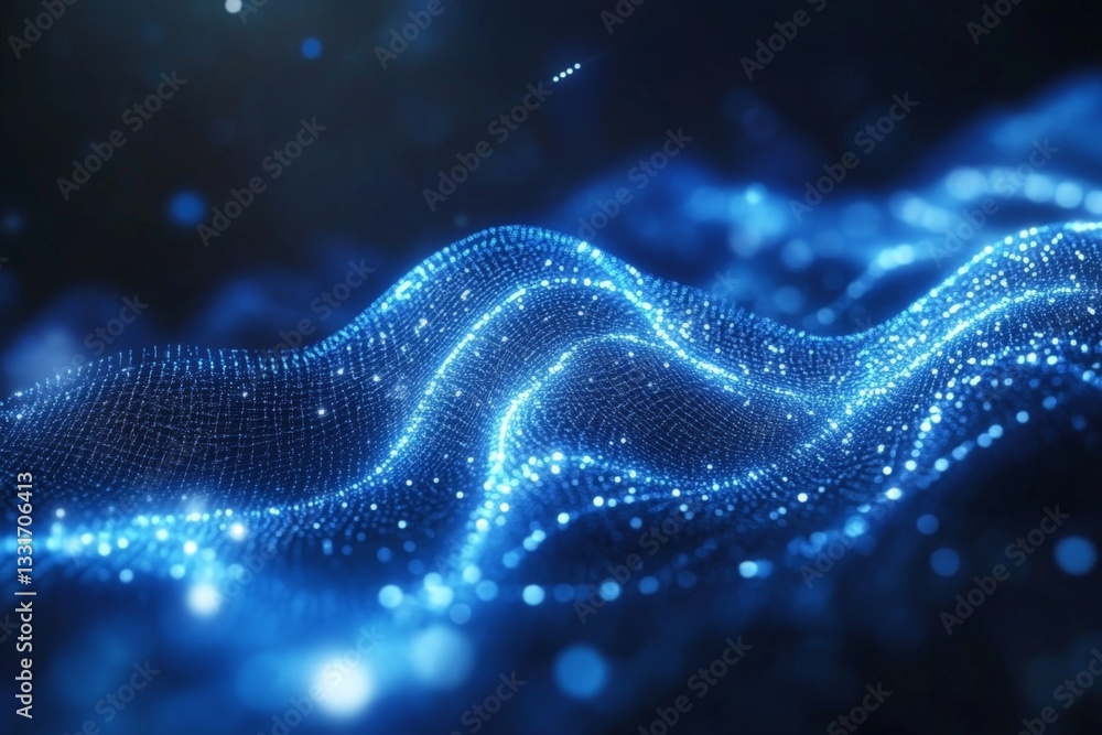 Poster Dynamic blue waveform visualization emanating from a digital source with glowing particles in motion