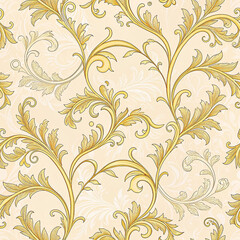 Soft cream and gold damask with romantic vine seamless pattern wallpaper background