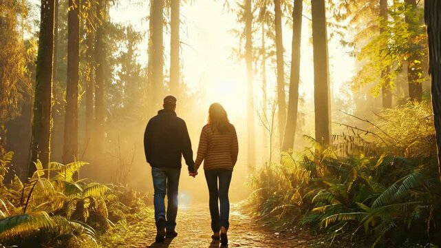 A couple walks hand in hand along a beautiful forest path surrounded by sunlight and trees
