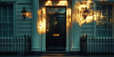 Elegant black door of government building with golden sunset light