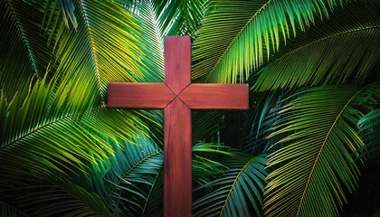 Christian Wooden Cross with Palm Leaves &ndash; Symbolic Background with Copy Space