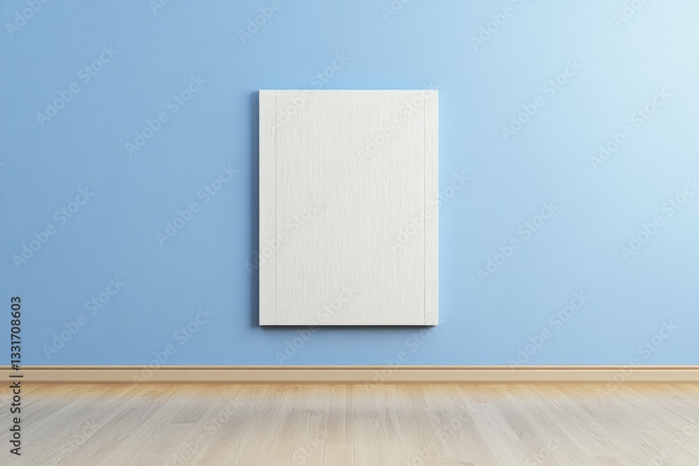 Poster minimalist empty canvas on a blue wall, emphasizing simplicity and artistic potential in a serene in