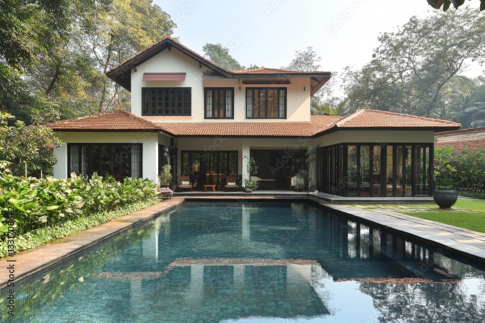 Poster Luxurious villa with a serene pool surrounded by lush greenery in a tranquil setting