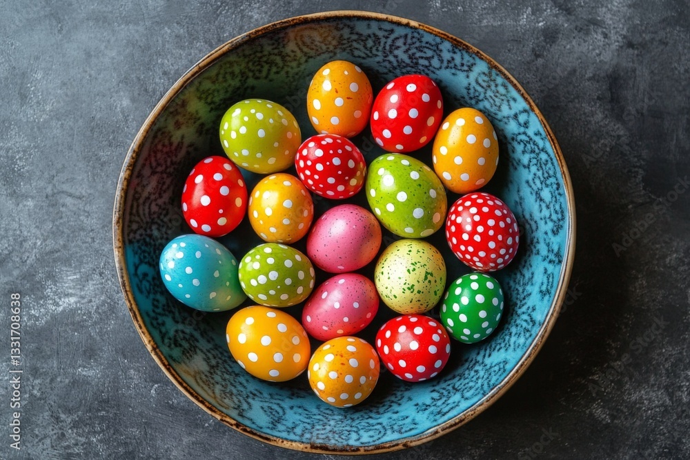 Aufkleber brightly colored polka dot easter eggs displayed in a decorative bowl on a textured surface