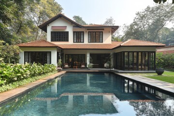 Luxurious villa with a serene pool surrounded by lush greenery in a tranquil setting