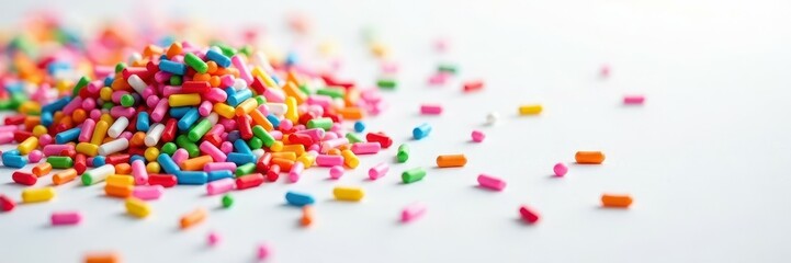 Rainbow sprinkles scattered on white, vibrant & dense , close up, colorful sprinkles, party