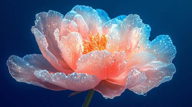 Salmon peony flower covered with dew drops