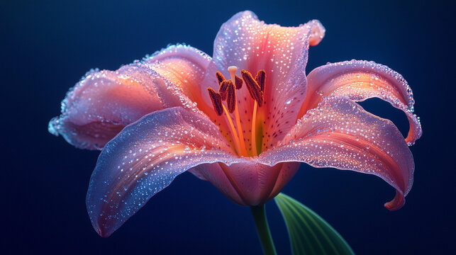 orange lily on blue with dew drops on delicate petals