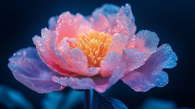 Pink peony flower covered with dew drops