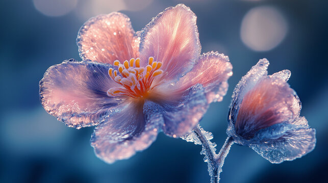 Frozen blue anemone flower