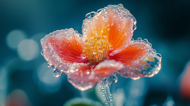 Frozen orange flower with dew drops
