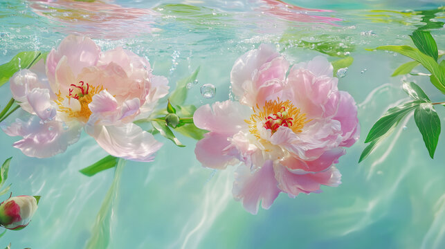 two soft pink  peony  flowers in the water