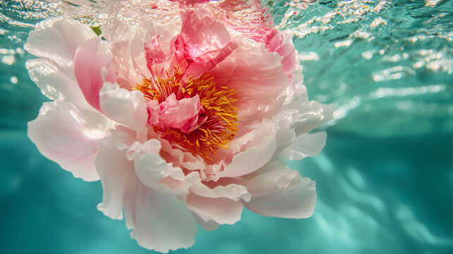 pink peony sinks into turquoise water