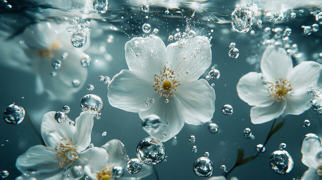 White flowers under clear blue water among air bubbles