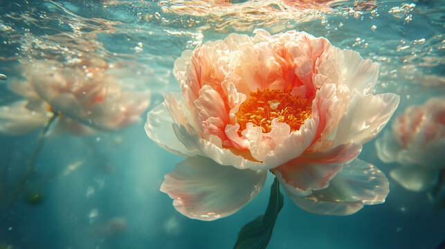 orange peony flower under water