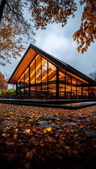 Modern, autumnal cafe with warm lighting and glass facade