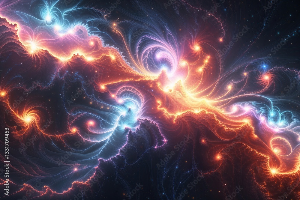 Poster stunning luminous fractal graphics portraying the universe in striking colors and dynamic light