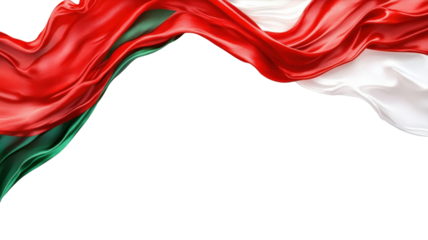 Flowing colors of a flag with red, white, and green creating a vibrant display against a bright background
