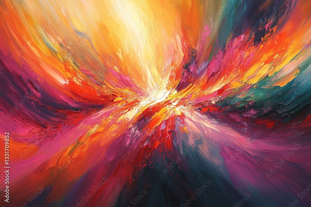 Poster vibrant abstract painting with swirling colors and dynamic movement in a warm color palette