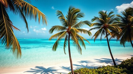 Obraz premium tropical island scene with palm trees sway gently against a bright turquoise lagoon and white sand