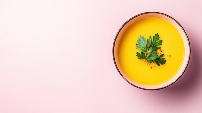 Creamy yellow soup in a bowl garnished with fresh green parsley on a soft pink background