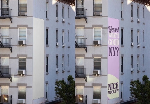 Urban big flayer banner hanging on Building Facade of  New York 