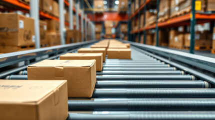 Fototapeta premium Cardboard boxes on conveyor rollers ready to be shipped by courier for distribution at warehouse
