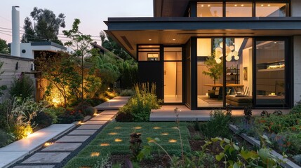 Fototapeta premium Modern Home with Elegant Garden Lighting at Dusk