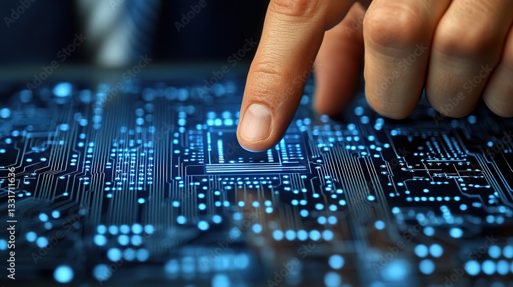 Aufkleber hand interacting with a circuit board. close-up view of technology