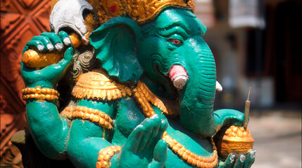 An old hindu stone statue of Ganesha covered with moss, standing on the str..