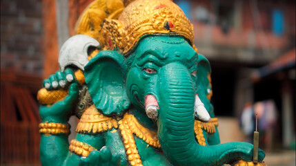 An old hindu stone statue of Ganesha covered with moss, standing on the str..