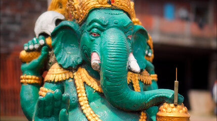 An old hindu stone statue of Ganesha covered with moss, standing on the str..
