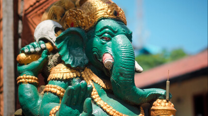 An old hindu stone statue of Ganesha covered with moss, standing on the str..