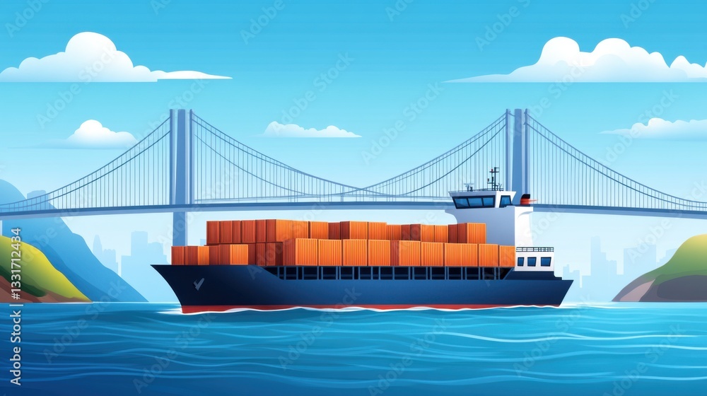 Poster colorful container ship sailing under a bridge in a calm waterway with scenic background and clouds