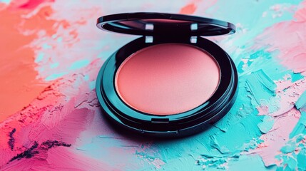 Vibrant Pink Powder Blush in Black Compact on Colorful Background of Pastel Pink and Blue Paint Strokes