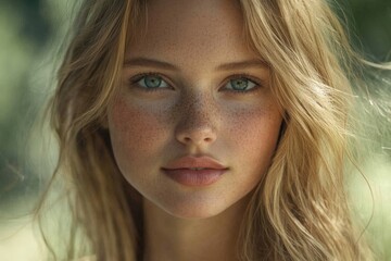 Close-up portrait of a young woman with natural beauty in soft sunlight outdoors