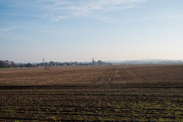 British plowed crop fields during Spring day near South Milford, North Yorkshire