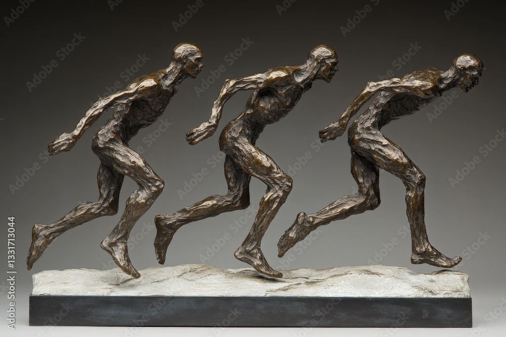 Poster dynamic bronze sculpture capturing the essence of motion and athleticism in three running figures