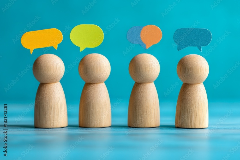 Poster Wooden figures having a discussion with colorful speech bubbles on a bright blue background in a creative setting