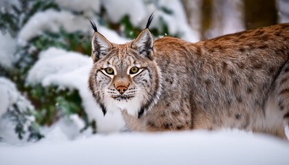 Obraz premium A lynx with tufted ears and spotted coat stealthily moves through snowy forest, blending perfectly with the winter landscape. 