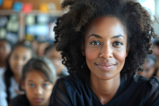 Confident African American woman smiling warmly at the camera in a classroom setting.