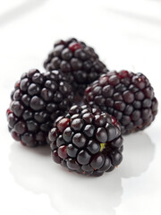 A group of plump blackberries on a white background.