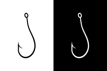 Minimalist Fishing Hook Icon Silhouette Vector on Black & White.
